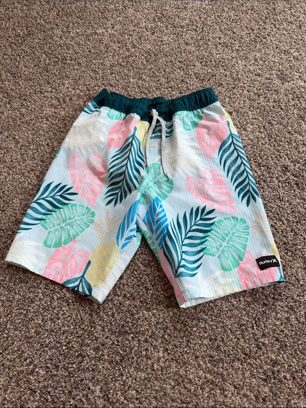 Hurley Kids Tropical Leaf Drawstring Swim Trunks Youth Medium 10/12